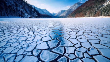 Landscape with frozen lake in the mountains. global warming concept.の素材