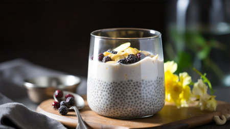 Chia pudding with banana and blackberries in a glass on the tableの素材