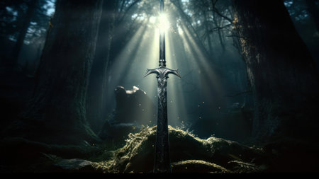 Mysterious dark forest with magic sword. Halloween concept. 3D Renderingの素材