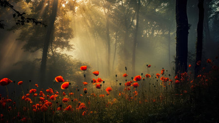 Red poppies in the foggy forest at sunrise. 3D renderingの素材