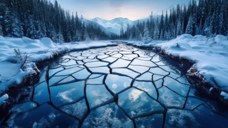 Panorama of a frozen lake in the mountains. The concept of climate change.の素材