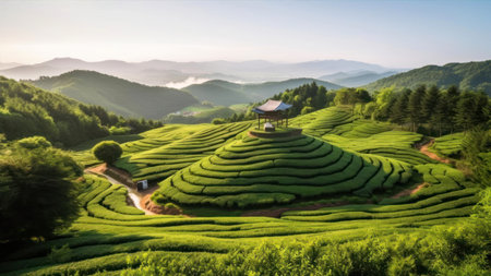 Tea Plantation in the morning, Doi Ang Khang, Chiang Mai, Thailandの素材