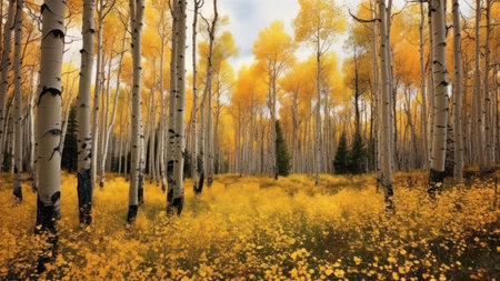 Aspen grove with yellow aspens during foliage season.の素材