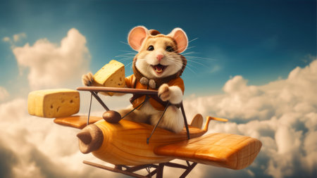 Cute mouse with cheese and wooden airplane on the background of blue skyの素材