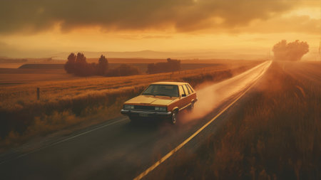 car on the road in the countryside at sunset, vintage retro styleの素材