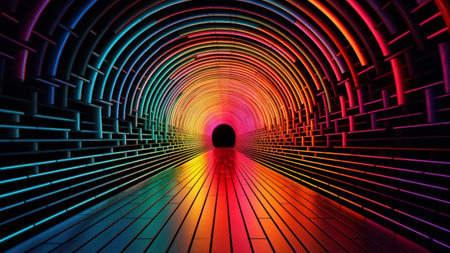3d illustration of a tunnel with glowing neon lights in it.の素材