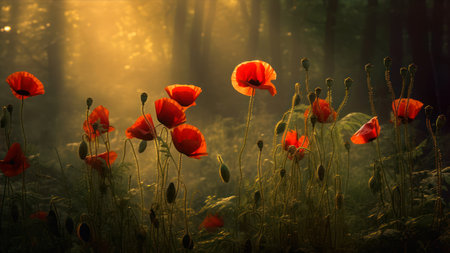 Red poppies in a foggy forest at sunrise. toned.の素材