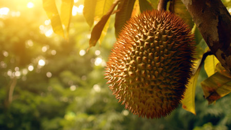 Fresh durian fruit on tree in the garden with sun light.の素材