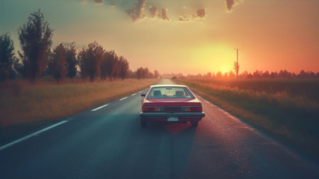 Vintage car driving on the road at sunset. 3d renderingの素材