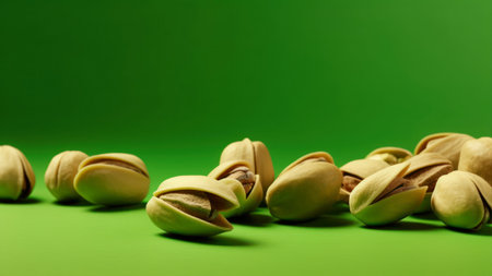 Pistachio nuts on green background with copy space for textの素材