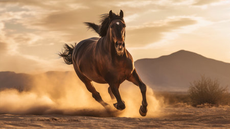 Wild Horse Stallion Running in the Desert at Sunset - United States of Americaの素材