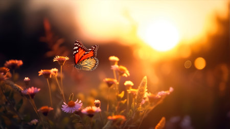 Butterfly on wild flowers at sunset. beautiful nature background.の素材