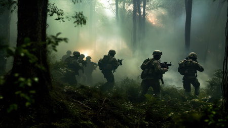 Group of special forces soldiers in the forest. selective focus.の素材
