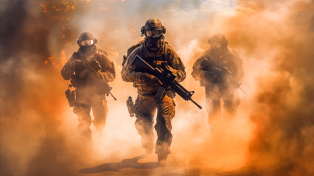 Group of special forces soldiers in action on a background of fire.の素材