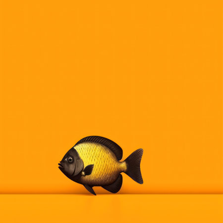 Cute yellow fish on orange background. 3d illustration. copyspace.の素材