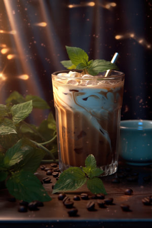 Iced coffee with mint and coffee beans on a dark background.の素材