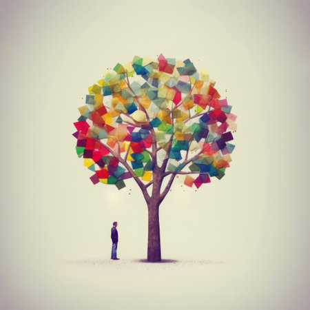 Colorful abstract tree with a young man on a light background.の素材