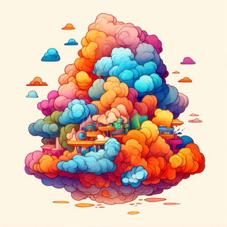 Fantasy landscape with a steam locomotive in the clouds. vector illustration.の素材
