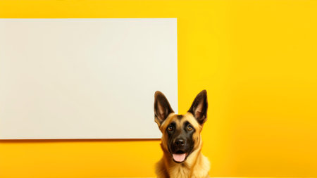 German shepherd dog with blank white board on yellow background. copyspace.の素材