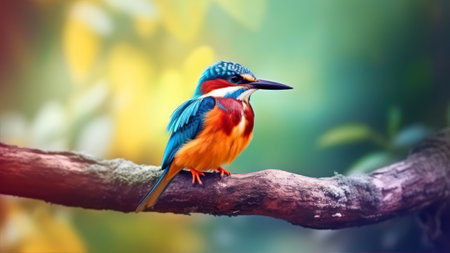 Colorful Kingfisher bird sitting on a branch with blurred backgroundの素材
