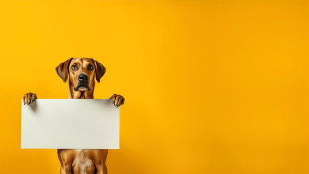 Cute Rhodesian Ridgeback puppy dog peeking out from behind a blank placard on a yellow backgroundの素材