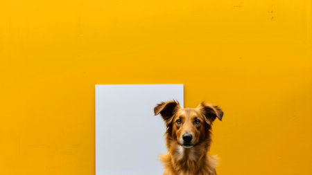 Dog with blank white board on yellow background. Copy space for text.の素材