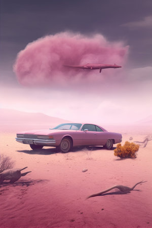 3D rendering of a vintage car in the desert with a flying planeの素材