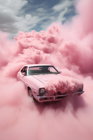 Pink retro car with pink clouds on the sky. 3d renderingの素材