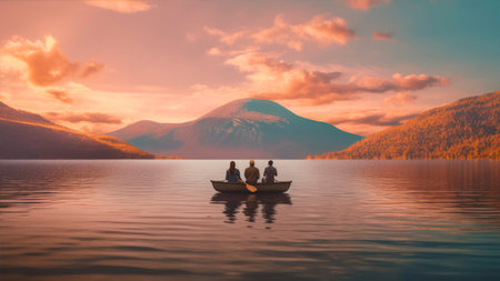 Silhouette of two men in boat on lake at sunset.の素材