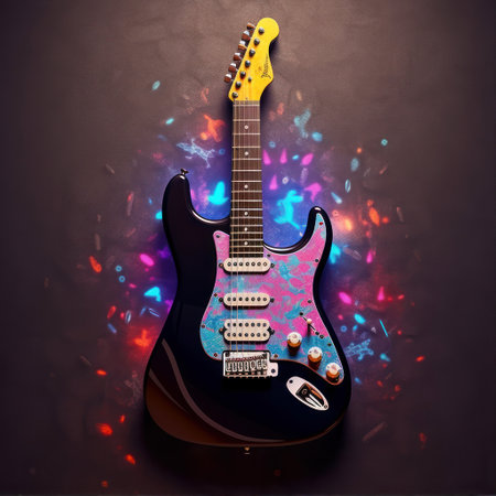 Electric guitar on dark background with colorful splashes. 3d illustrationの素材