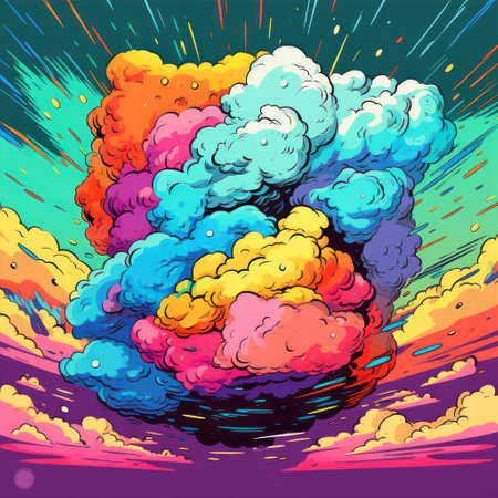 Cartoon explosion of colorful clouds. Vector illustration of an explosion.の素材