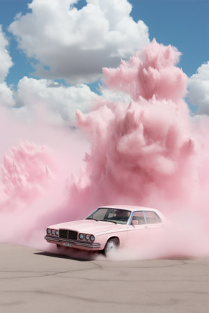 Vintage car in the desert with pink clouds in the blue skyの素材