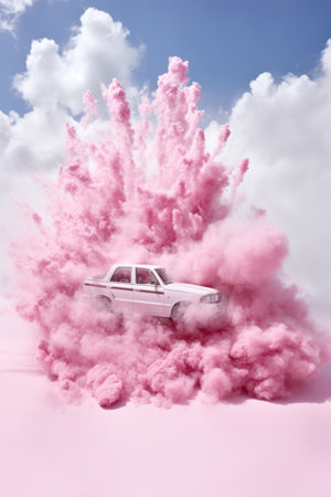 White car with pink clouds in the blue sky. 3d renderingの素材