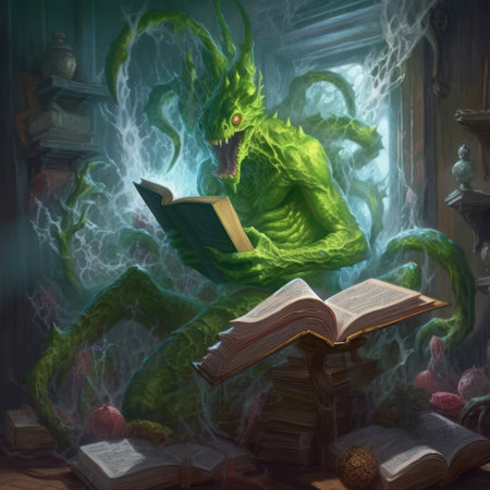 Fantasy green dragon reading a book and sitting on a book.の素材