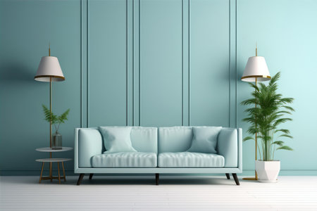 interior of living room with blue wall and sofa, 3d renderの素材