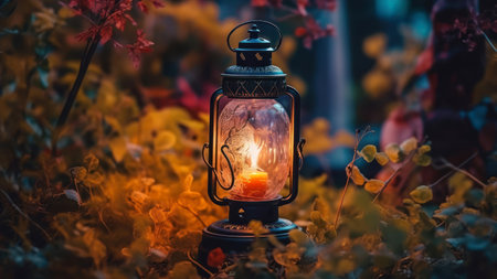 Lantern with burning candle on the background of the autumn forestの素材