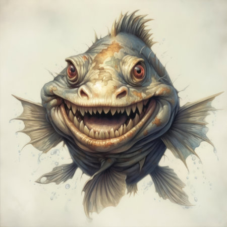 Surreal painting of an angry fish. isolated on white background.の素材