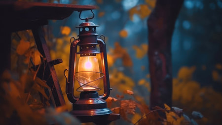 Lantern in the autumn forest. Old lamp in the woods.の素材