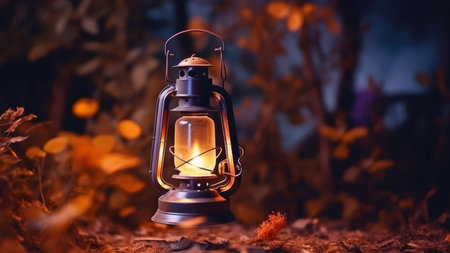 Kerosene lamp on the background of autumn leaves in the forestの素材