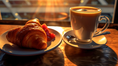 Coffee and croissant on the table in the morningの素材