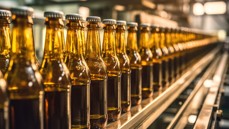 Bottles of beer on a conveyor belt in a factory.の素材