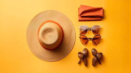 beach accessories. Straw hat, sunglasses, flip flops on yellow background.の素材