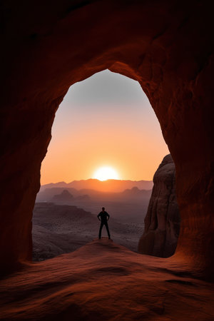 Silhouette of a man standing on the edge of an arch in the middle of the desertの素材