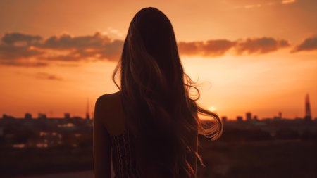 Silhouette of a beautiful young woman with long hair at sunsetの素材