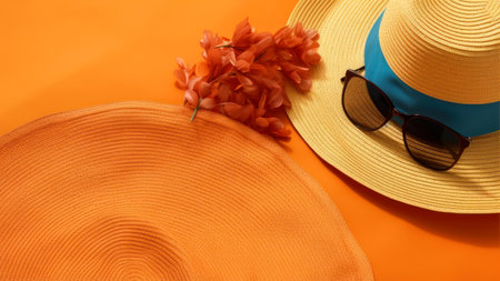 Hat, sunglasses and flower on orange background. Flat lay, top viewの素材