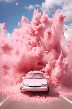 A car in a cloud of pink smoke on the road. conceptual image.の素材