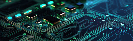 Close-up of electronic circuit board with microcircuits. technology backgroundの素材