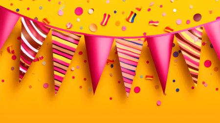 Colorful party flags and confetti on orange background. vector illustration.の素材
