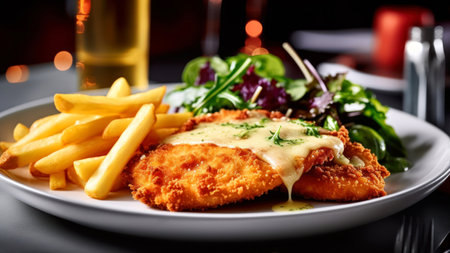 Fried fish fillet with french fries, salad and sauce on a plateの素材