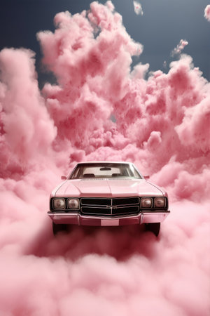 Pink vintage car on a background of pink clouds. 3d renderingの素材